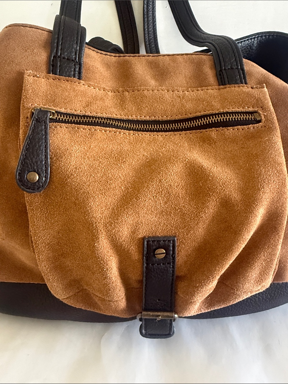 Canyon River Blues Cognac brown black accent tote bag faux suede leather - Picture 13 of 16